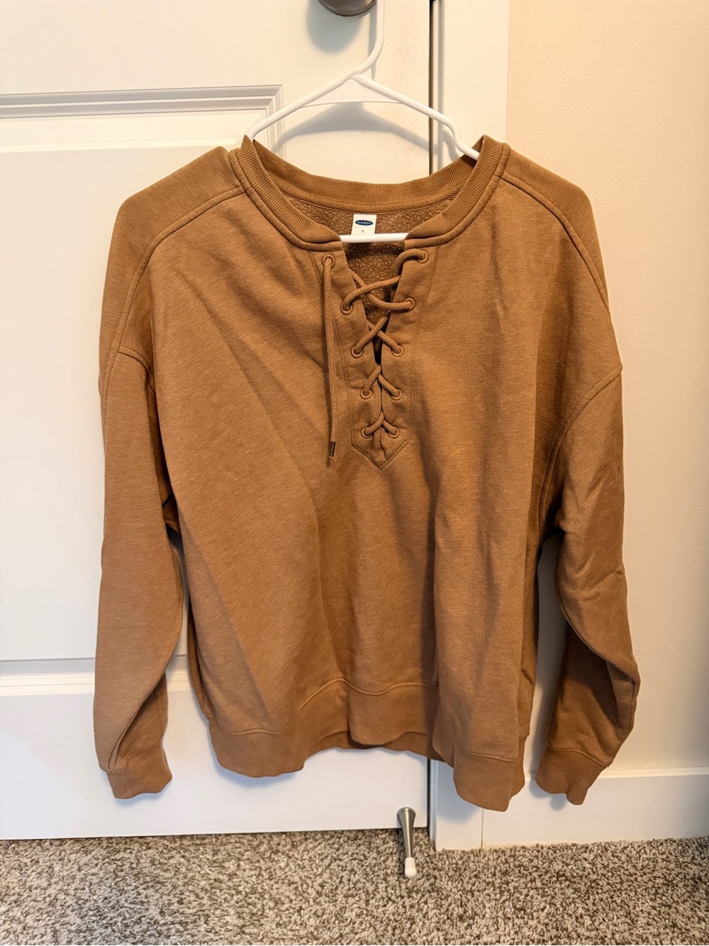 Old Navy Lace-Up Crewneck Sweatshirt in Tan
